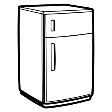 Buzdolabı çizgisi sanat vektörü. Gıda Ürünleri ile Retro Buzdolabını aç. Açık kaliteli bir buzdolabının basit, siyah beyaz çizgisi..