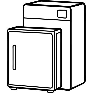 Buzdolabı çizgisi sanat vektörü. Gıda Ürünleri ile Retro Buzdolabını aç. Açık kaliteli bir buzdolabının basit, siyah beyaz çizgisi..