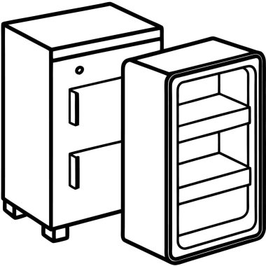 Buzdolabı çizgisi sanat vektörü. Gıda Ürünleri ile Retro Buzdolabını aç. Açık kaliteli bir buzdolabının basit, siyah beyaz çizgisi..
