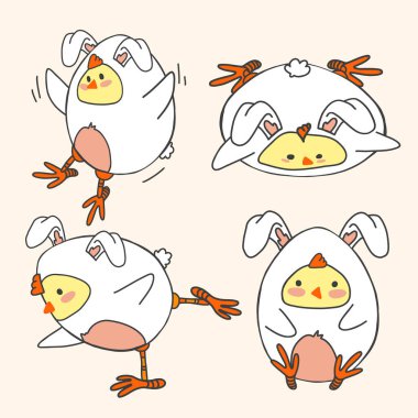 Tavşan kostümü giymiş dört sevimli Paskalya pilici çizimi. Her poz eğlenceli ve neşeli bir anı yakalar, Paskalya temalı tasarımlar, tebrik kartları, çıkartmalar ve dekorasyonlar için mükemmeldir..