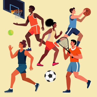 Basketbol, futbol ve tenis oynayan sporcuların düz vektör çizimi. Hareketleri, rekabeti ve takım çalışmalarını aktif bir yaşam tarzı konseptinde gösteren enerjik ve hareketli spor sahnesi.