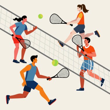 Tenis oynayan erkek ve bayan sporcuların düz vektör çizimi. Enerji hareketi, raket sporu, takım çalışması, rekabet maçı, aktif yaşam tarzı, spor eğitimi, profesyonel turnuva.