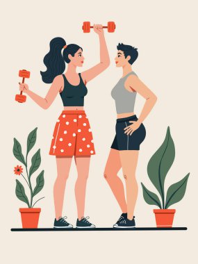 Spor kıyafetleri giymiş, ev bitkileriyle çevrili halterleriyle egzersiz yapan iki genç kadının düz stil çizimi. Fitness temaları, sağlıklı yaşam tarzı ve kadınların görsel gücü için mükemmel..