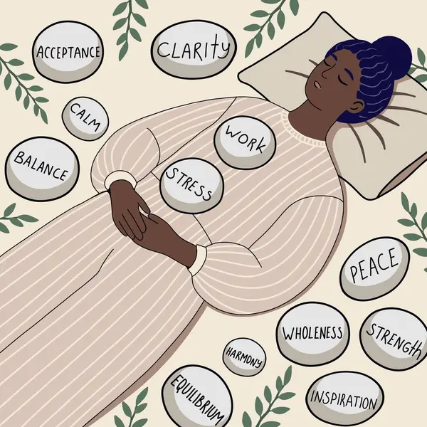 Barış, stres, berraklık, tükenmişlik, denge ve ruhsal sağlığın düzeltilmesi gibi sözcüklerle çevrelenmiş, sembolik taşlarla çevrili bir kadının düz bir şekilde canlandırılması.