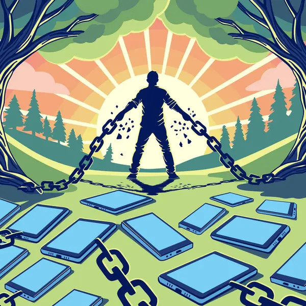 Akıllı telefonlara bağlı zincirleri kıran bir adam dijital detoks, zihinsel sağlık ve modern dünyadaki özgürlüğü sembolize eder. Parlak doğa arka planına sahip kavramsal düz bir çizim.