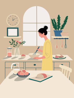 Sıcak bir ev mutfağında kahvaltı hazırlayan bir kadının düz çizimi. Sahnede taze ekmek, süt, doğal malzemeler ve barışçıl atmosfer yer alıyor. Sağlıklı yaşam tarzı ve konfor kavramı.