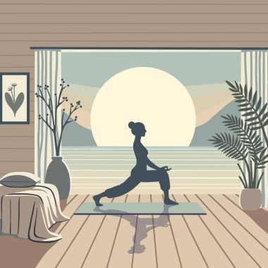 Gün doğumunda evde yoga yapan bir kadının düz çizimi. Huzurlu iç mekan, yumuşak tonlar, doğal ışık ve sakin atmosfer. Sağlıklı yaşam tarzı ve iç denge kavramı.