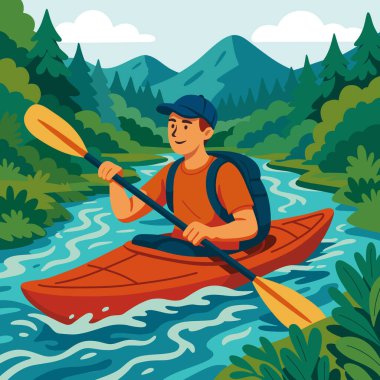 Ağaçlar ve yemyeşil ormanlarla çevrili bir dağ nehrinde kano süren genç bir adamın parlak tasviri. Açık hava yaz macerası, aktif yaşam tarzı, doğa ve turizm.