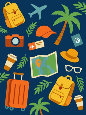 Bavul, palmiye ağaçları, harita, uçak ve koyu mavi arka planda tatil esaslarıyla kusursuz bir yolculuk. Parlak düz stil tasarımı yaz ve turizm temaları için mükemmel.