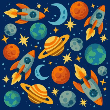 Roketleri, gezegenleri, uyduları, yıldızları ve karanlık arka planda uzay elementleri olan kusursuz bir model. Çocuklar ve eğitim materyalleri için parlak çizgi film dizaynı.