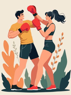 Gülümseyen adam ve kadın spor kıyafetleriyle boks yapıyor. Bej arka planı ve soyut yaprakları olan düz vektör çizimi. Fitness, egzersiz ve çift etkinlik temaları için mükemmel.