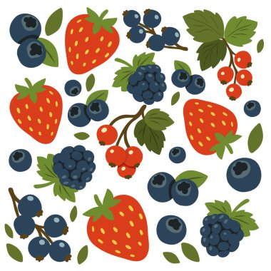 Çilekli, yaban mersinli, böğürtlenli ve kırmızı üzümlü kusursuz desen. Beyaz arka planda yeşil yapraklı parlak çizgi film tarzı.