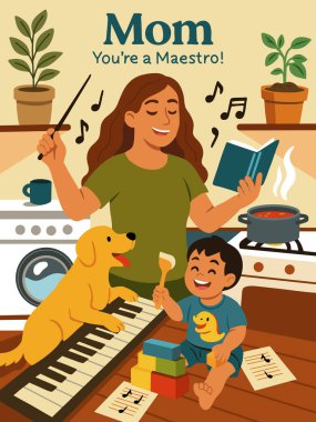 Yemek pişirme, müzik ve çocuk bakımı ile uğraşan bir annenin eğlenceli düz çizimi. Kutlama kartları ya da Anneler Günü posterleri için mükemmel..