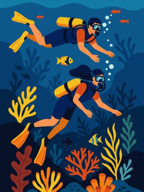 İki dalgıcın renkli mercan resiflerini ve tropikal balıkları araştırdığı sualtı sahnesi. Düz modern tarzda deniz yaşamı, okyanus keşfi ve dalış aktiviteleri.