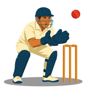 Kriket kalecisinin koruyucu ekipmanlı düz vektör çizimi, beyaz arka planda izole edilmiş bir maç sırasında kütüklerin arkasındaki topu yakalamaya hazır.