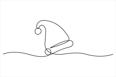 Noel Baba sürekli bir çizgi halinde ikon çiziyor. Noel şapkası Vektör illüstrasyonunun ana hatları