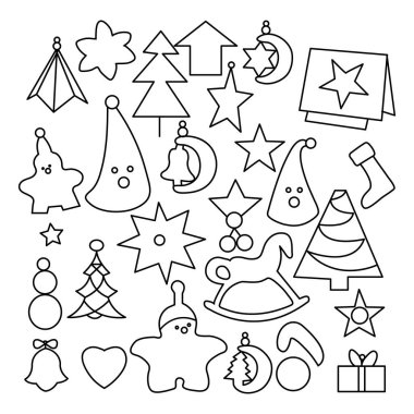 Aralıksız çizgi sanatı Noel hediyesi kutusu, yıldız, aşk, şapka, çan ve çorap asma süsleme vektörü minimalizm tasarımı vb.