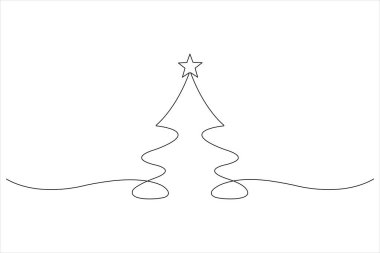 Üzerinde yıldız olan bir çizgi Noel ağacı, vektör illüstrasyonunda çam bitkisi.
