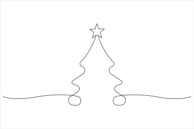 Üzerinde yıldız olan bir çizgi Noel ağacı, vektör illüstrasyonunda çam bitkisi.