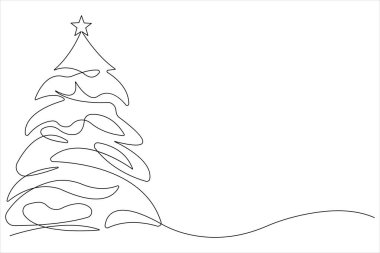 Üzerinde yıldız olan bir çizgi Noel ağacı, vektör illüstrasyonunda çam bitkisi.