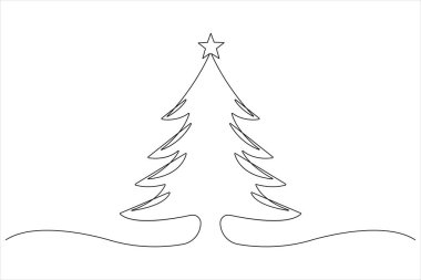 Üzerinde yıldız olan bir çizgi Noel ağacı, vektör illüstrasyonunda çam bitkisi.