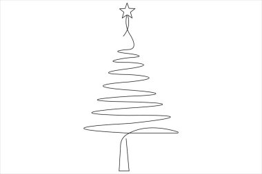 Üzerinde yıldız olan bir çizgi Noel ağacı, vektör illüstrasyonunda çam bitkisi.
