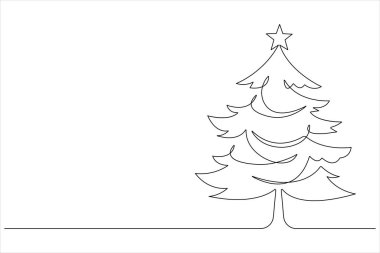 Üzerinde yıldız olan bir çizgi Noel ağacı, vektör illüstrasyonunda çam bitkisi.