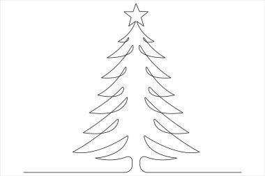 Üzerinde yıldız olan bir çizgi Noel ağacı, vektör illüstrasyonunda çam bitkisi.