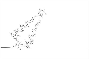 Üzerinde yıldız olan bir çizgi Noel ağacı, vektör illüstrasyonunda çam bitkisi.