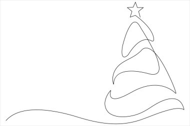 Üzerinde yıldız olan bir çizgi Noel ağacı, vektör illüstrasyonunda çam bitkisi.
