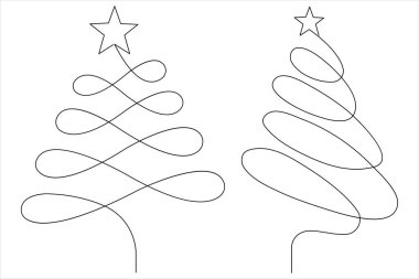 Üzerinde yıldız olan bir çizgi Noel ağacı, vektör illüstrasyonunda çam bitkisi.