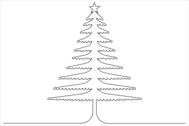 Üzerinde yıldız olan bir çizgi Noel ağacı, vektör illüstrasyonunda çam bitkisi.