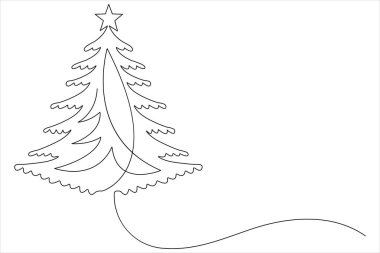 Üzerinde yıldız olan bir çizgi Noel ağacı, vektör illüstrasyonunda çam bitkisi.