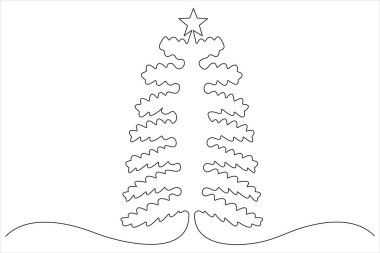 Üzerinde yıldız olan bir çizgi Noel ağacı, vektör illüstrasyonunda çam bitkisi.