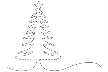 Üzerinde yıldız olan bir çizgi Noel ağacı, vektör illüstrasyonunda çam bitkisi.