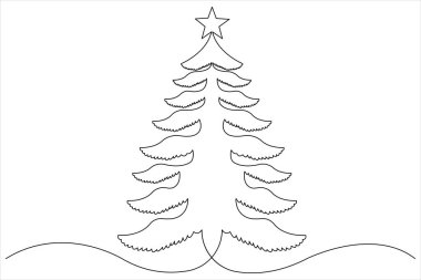 Üzerinde yıldız olan bir çizgi Noel ağacı, vektör illüstrasyonunda çam bitkisi.