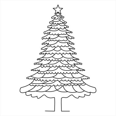 Aralıksız tek çizgi el çizimi Noel ağacı ve yıldız çizgisi ana hatları vektör parti tasarımı