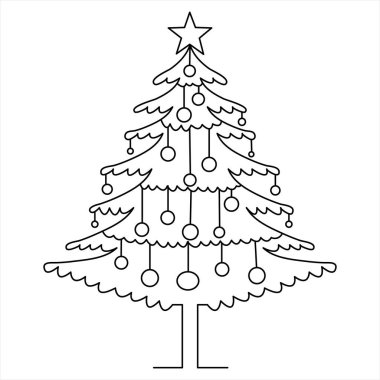 Aralıksız tek çizgi el çizimi Noel ağacı ve yıldız çizgisi ana hatları vektör parti tasarımı