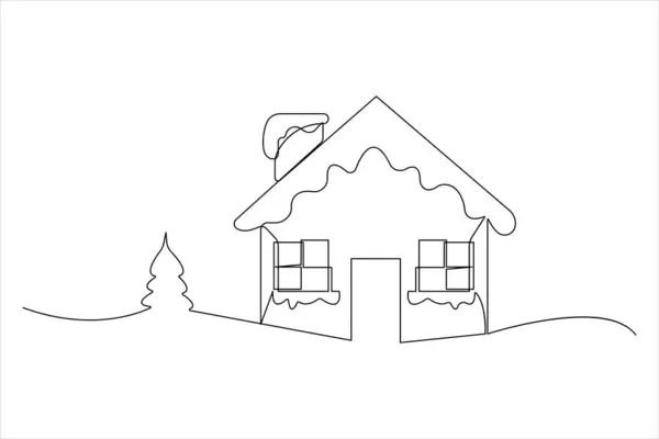 Kışlık evin aralıksız bir çizgisi ve bir Noel ağacı vektörü.