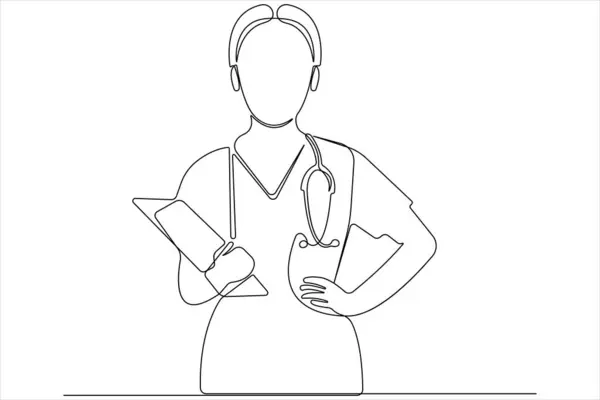 Stetoskop vektörü olan genç hemşirenin sürekli çizimi.