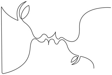 İki aşığın romantik öpücüğünün aralıksız çizimi.