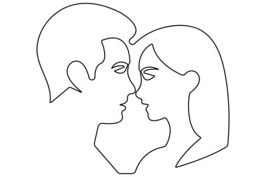 İki aşığın romantik öpücüğünün aralıksız çizimi.