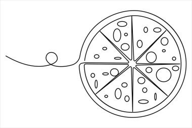 Lezzetli dilimlenmiş peynirli pizza tasarımı çiziminin aralıksız tek bir çizimi.