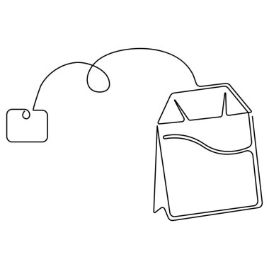 Kağıt çay poşeti ikonu ve sıcak bitkisel içecek ana hatları resim çizimi aralıksız tek satır çizimi