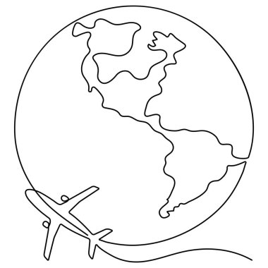 Dünya ikonu, dünya turizmi ikonu, ana hatlı vektör illüstrasyonu etrafında uçan bir uçağın sürekli çizimi