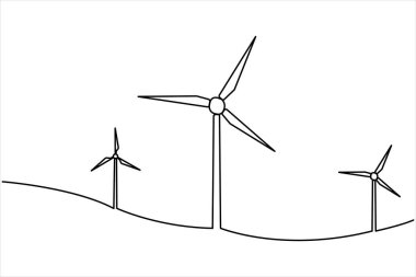 Rüzgâr enerjisi aralıksız tek bir çizgide, rüzgar türbinleri elektrik üreten tepe manzarası çizer. Yenilenebilir güç kaynağı tek satır vektör çizimi