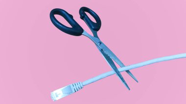 Pembe arka planda bir ağ kablosunu kesen makas internet bağlantısını, dijital detoks veya siber güvenlik farkındalığını sembolize ediyor.