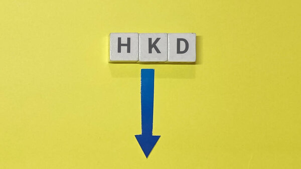 HKD currency symbol displayed with a downward pointing blue arrow on a bright yellow background represents financial devaluation and economic downturn indicating potential loss in investment.