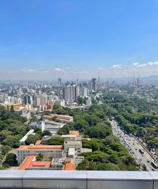 Şehrin çarpıcı panoramik manzarası, açık mavi gökyüzü altında gökdelenleri ve yeşil alanları gösteriyor, kent hayatının özünü ve mimariyle doğa arasındaki uyumu yakalıyor..