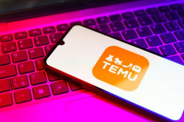Prag, Çek: Dizüstü bilgisayarında Temu logosu olan modern akıllı telefon
